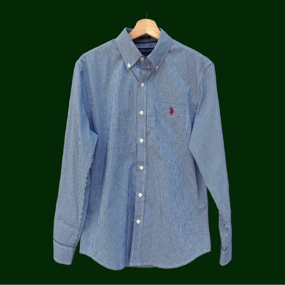 Green & White Checkered Slim Fit Dress Shirt SMALL